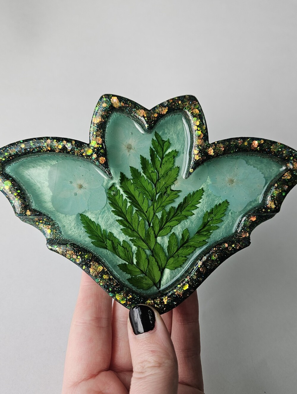 Handmade Blue Flower Bat Resin Ashtray Halloween Decor Tray Floral Art Leaves